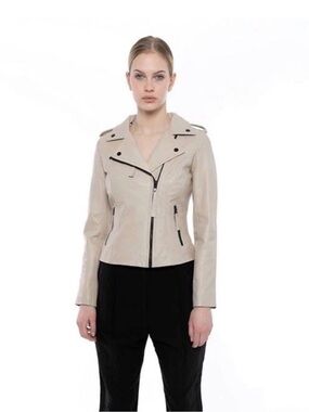Bod & Christensen Women's Light Beige Leather Biker Jacket